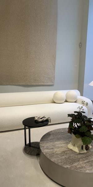 Minimalistisches Wohnzimmer mit weißem Sofa und rundem Couchtisch.